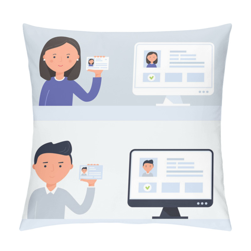 Personality  Account Verification Illustration. People Holding ID Cards. Vector Illustration Pillow Covers