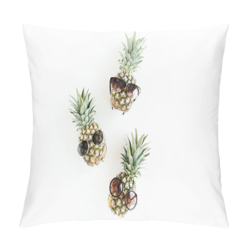 Personality  Hipster Pineapples In Glasses On White Background. Flat Lay, Top View Pillow Covers