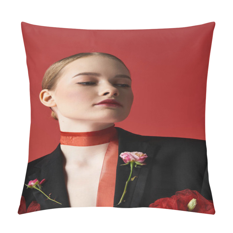 Personality  A Graceful Young Woman Gazes Thoughtfully With Flowers Embellishing Her Attire. Pillow Covers