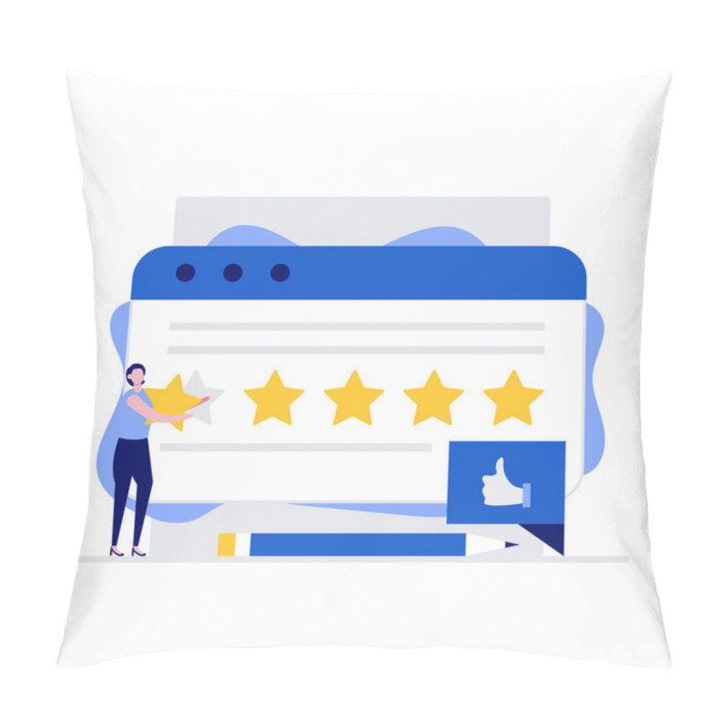 Personality  Customer Service And User Experience Vector Illustration Concept With Characters. Client Giving Five Star Feedback And Leaving Positive Review. Modern Flat Style For Web Banner, Hero Images. Pillow Covers