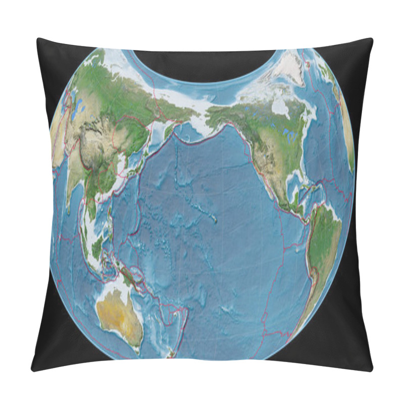 Personality  World Map In The Raisz-Armadillo Projection Centered On 170 West Longitude. Satellite Imagery A - Composite Of Raster With Graticule And Tectonic Plates Borders. 3D Illustration Pillow Covers