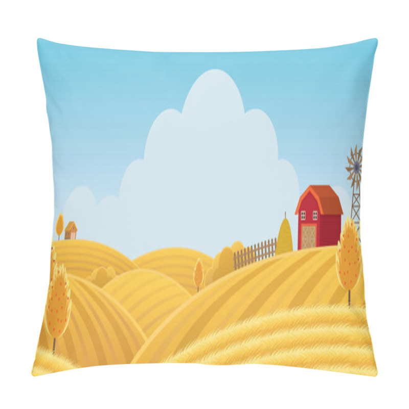 Personality  Farm On Hill With Yellow Or Gold Field Background, Agriculture, Cultivate, Countryside, Field, Rural Pillow Covers