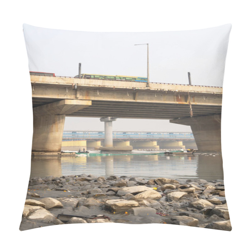 Personality  Modern Road Bridge Spanning Contaminated River With Toxic Foam At Misty Morning Video Is Taken At Yamuna River Okhla Barrage Delhi India On Nov 04 2024. Pillow Covers