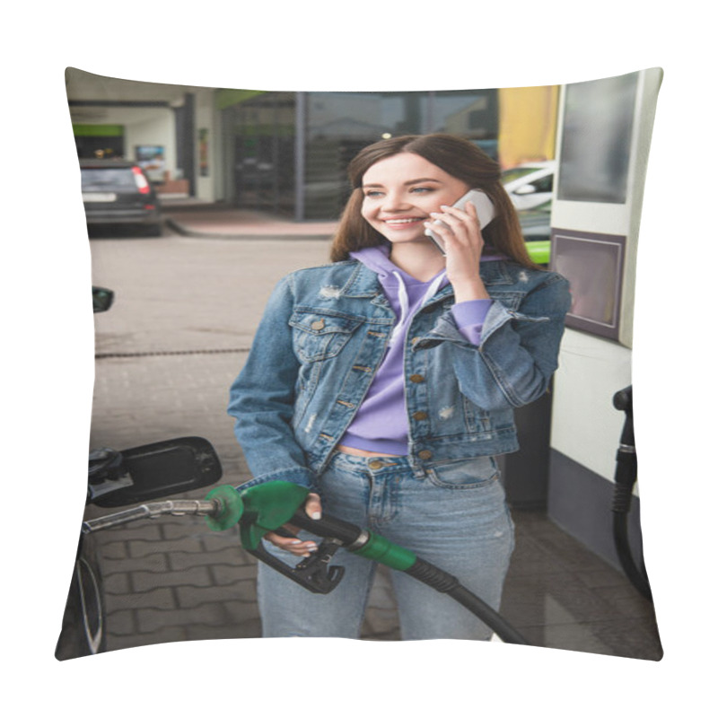 Personality  Joyful Woman In Denim Clothes Talking On Mobile Phone On Gasoline Station Pillow Covers