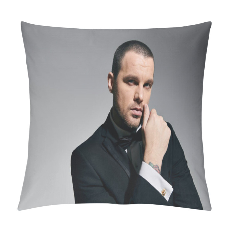 Personality  A Man In A Tuxedo, With A Sharp Haircut And Thoughtful Gaze, Poses Against A Neutral Backdrop. Pillow Covers