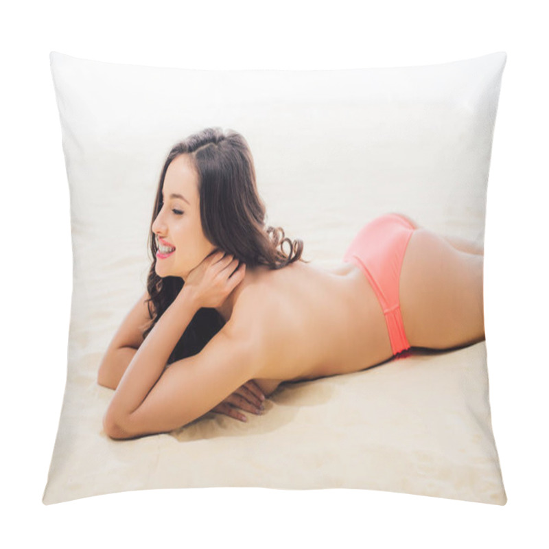 Personality  Beautiful Topless Young Woman Smiling And Relaxing On Sandy Beach Pillow Covers