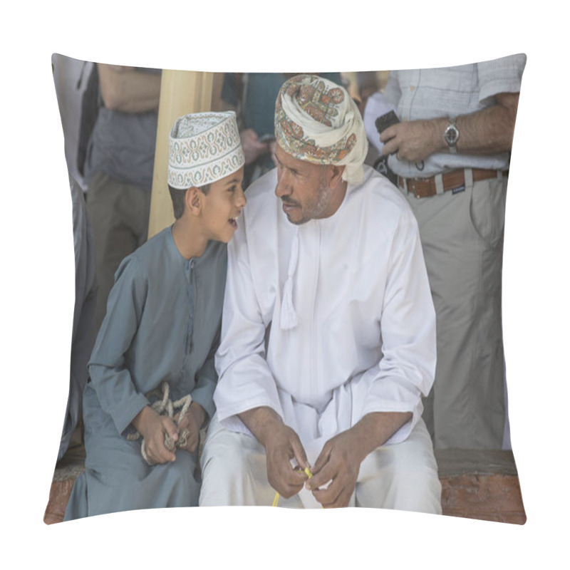 Personality  Nizwa, Oman, 10th November 2017: Omani Man Touching Rosary Beads And Talking With Son Pillow Covers