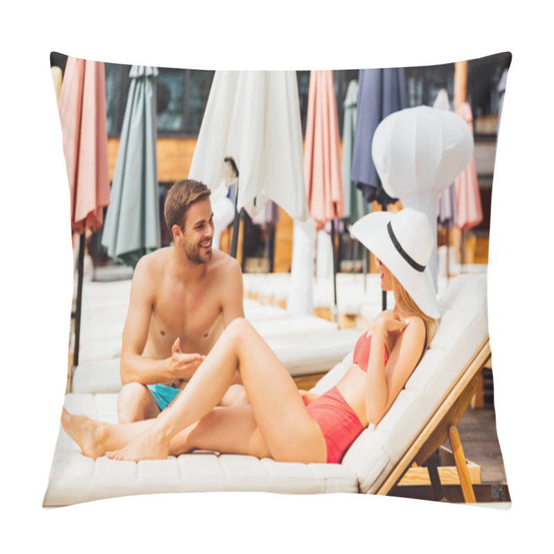 Personality  Sexy Smiling Couple Looking At Each Other On Loungers At Resort In Sunny Day Pillow Covers