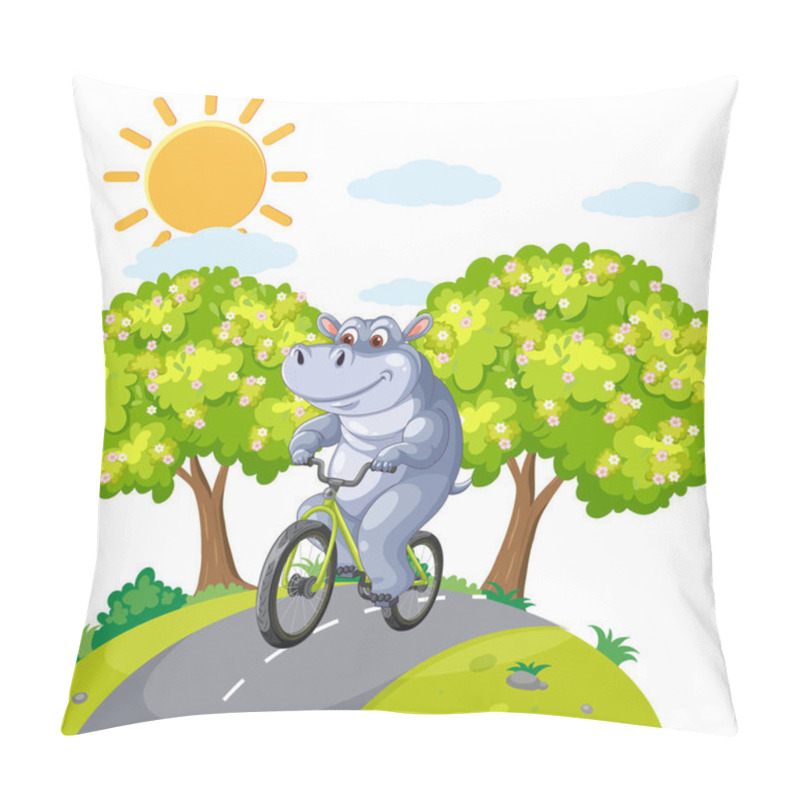 Personality  A Cheerful Hippo Cycling Through A Sunny Park Pillow Covers