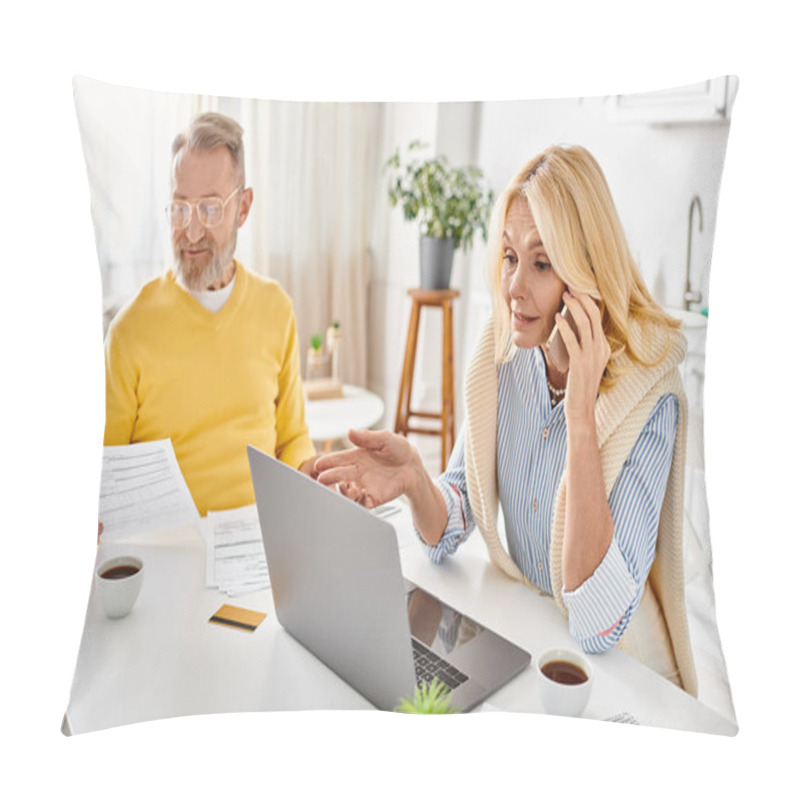 Personality  A Mature Loving Couple In Cozy Homewear Sitting At A Table With Papers And A Laptop, Engrossed In A Productive Work Session. Pillow Covers