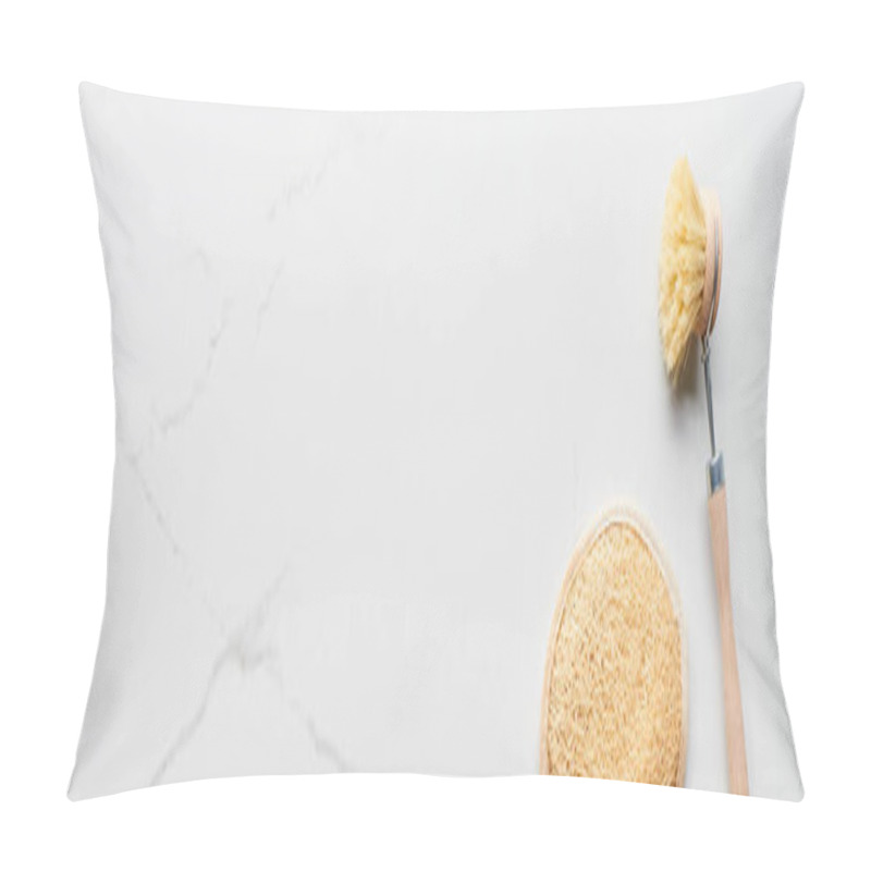 Personality  Panoramic Shot Of Body Brush And Face Sponge On Marble Surface Pillow Covers