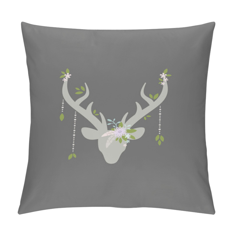 Personality  Beautiful Boho Card With Silhouette Of Deer Head With Antlers, Feathers And Flowers, Green Leaves And Wild Berry Sprig. Wild Nature Composition Isolated On Grey. Ethnic Illustration. Spring And Summer Pillow Covers