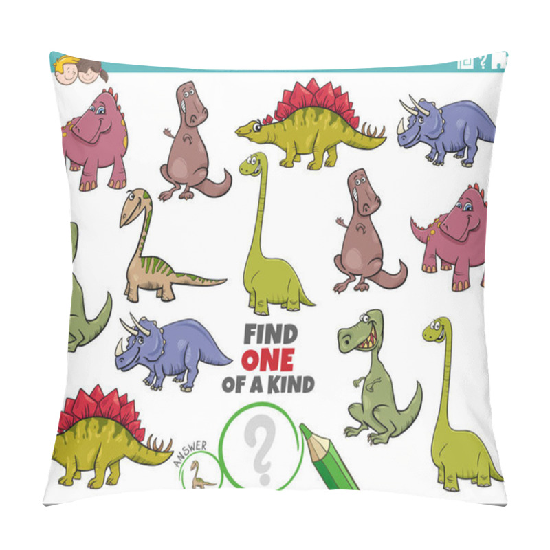 Personality  Cartoon Illustration Of Find One Of A Kind Picture Educational Game With Dinosaurs Prehistoric Animal Characters Pillow Covers