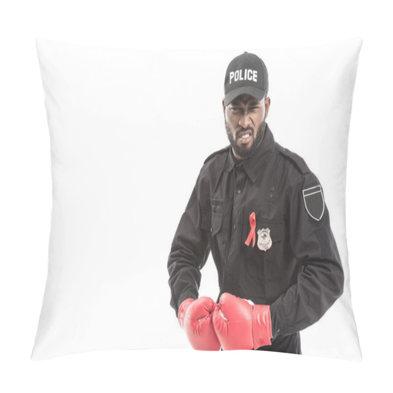 Personality  Angry African American Police Officer With Boxing Gloves Isolated On White, Fighting Aids Concept Pillow Covers