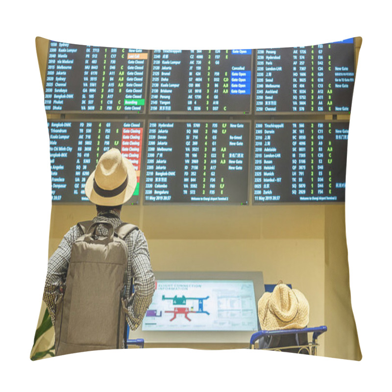 Personality  Young Man Traveler With Hat Checking Flight Time, Asian Passenge Pillow Covers