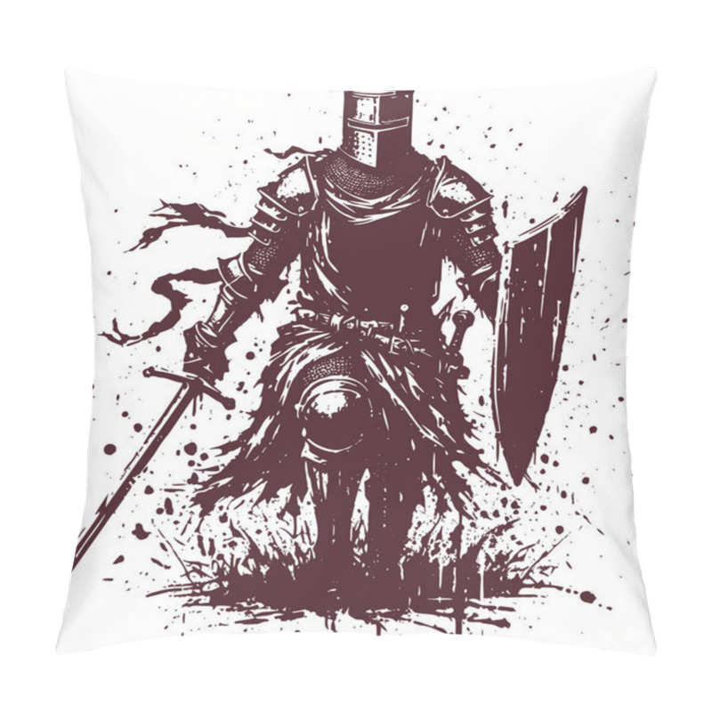 Personality  A Knight In Armor Goes Into Battle Holding A Sword And Shield At The Ready Abstract Vector Stencil Drawing Pillow Covers