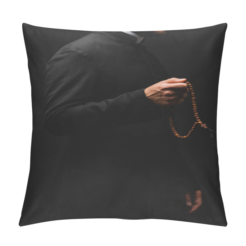 Personality  Cropped View Of Priest Holding Rosary Beads And Standing Isolated On Black  Pillow Covers