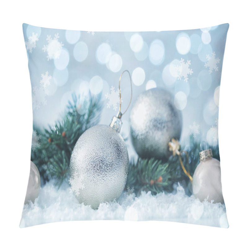 Personality  Greeting Card Design With Beautiful Christmas Balls And Snowflakes, Bokeh Effect Pillow Covers