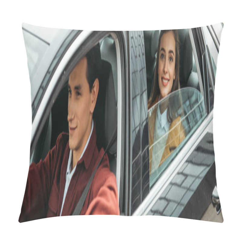 Personality  Panoramic Shot Of Woman Taxi Passenger Smiling At Camera While Man Driving Pillow Covers