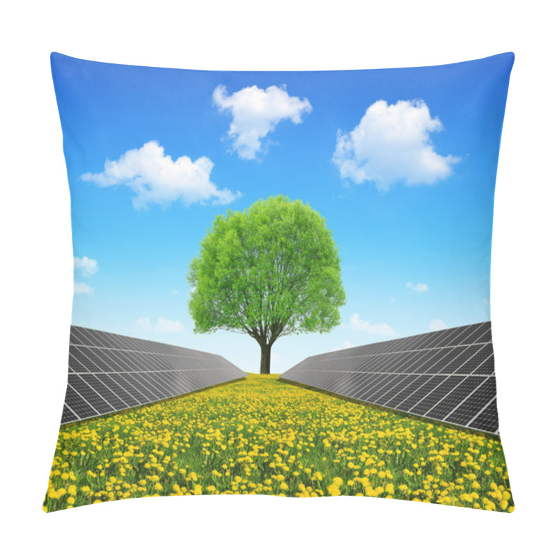 Personality  Solar Energy Panels And Tree On Dandelion Field. Pillow Covers