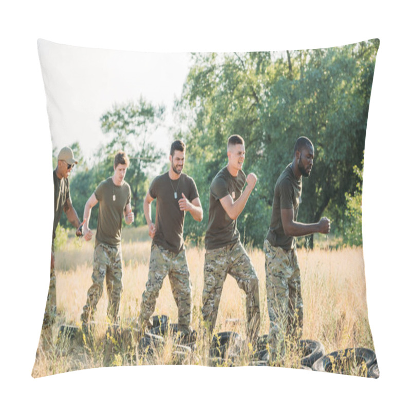 Personality  Side View Of Interracial Soldiers Practicing With Tires On Ground On Range Pillow Covers