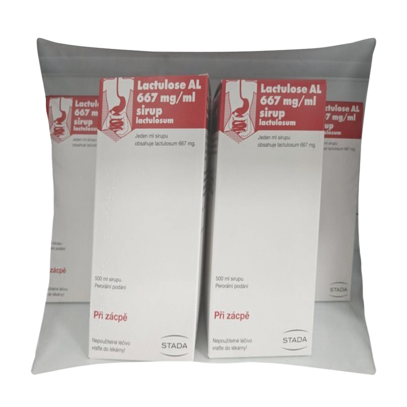 Personality  Prague, Czech Republic - July 9 2024: LACTULOSE AL Box Of Syrup With LACTULOSE Active Substance By ALIUD PHARMA, Used For Treatment Of Constipation And Digestive Health. Pillow Covers