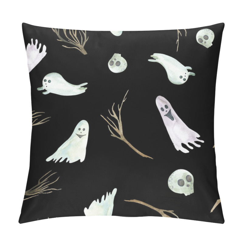 Personality  Seamless Pattern Of Halloween Ghosts Skull Branches On A Black Background. Watercolor Hand Painted Pillow Covers