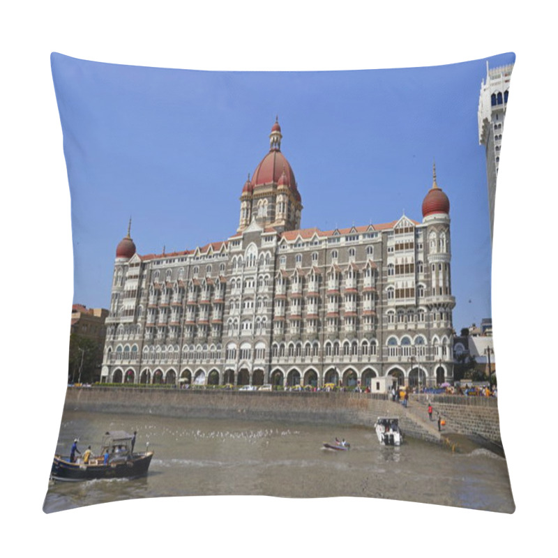 Personality  MUMBAI, INDIA - February 7, 2019: A View Of The Taj Palace Hotel In Front Of The Promenade In Mumbai, India. Pillow Covers