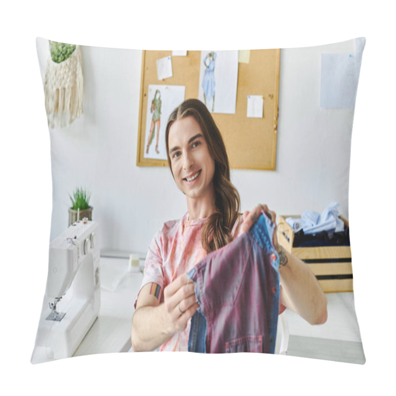 Personality  A Young Man Smiles As He Shows Off A Restored Shirt In His DIY Clothing Restoration Atelier. Pillow Covers