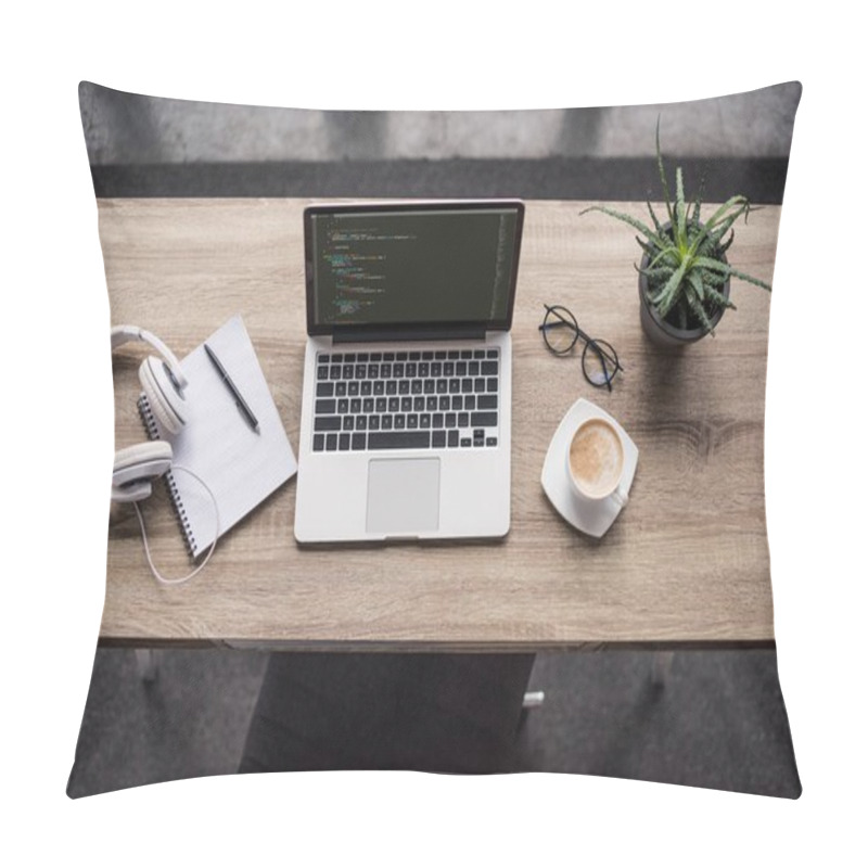 Personality  Top View Of Programmer Laptop On Modern Workplace Pillow Covers