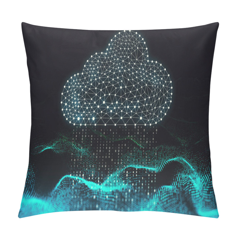 Personality  Creative Glowing Polygonal Binary Code Cloud Raining On Dark Background. Cloud Computing And Storage Concept. 3D Rendering Pillow Covers