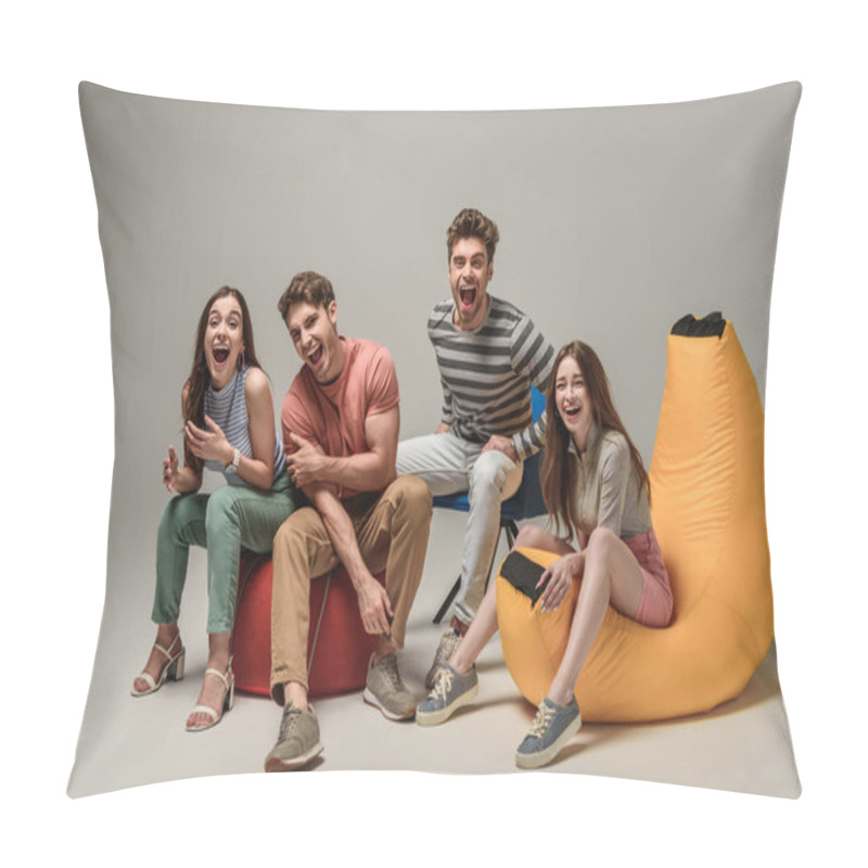 Personality  Emotional Friends Laughing And Sitting On Different Chairs, On Grey Pillow Covers