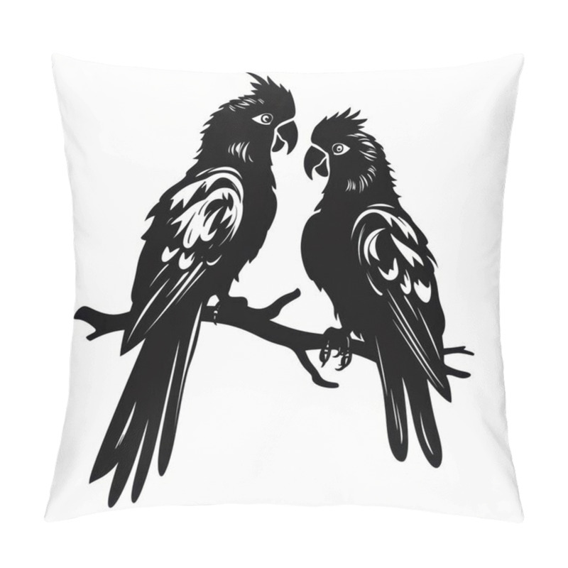 Personality  Two Black Parrots Perched On A Branch, Engaging With One Another In A Lively Manner. Pillow Covers