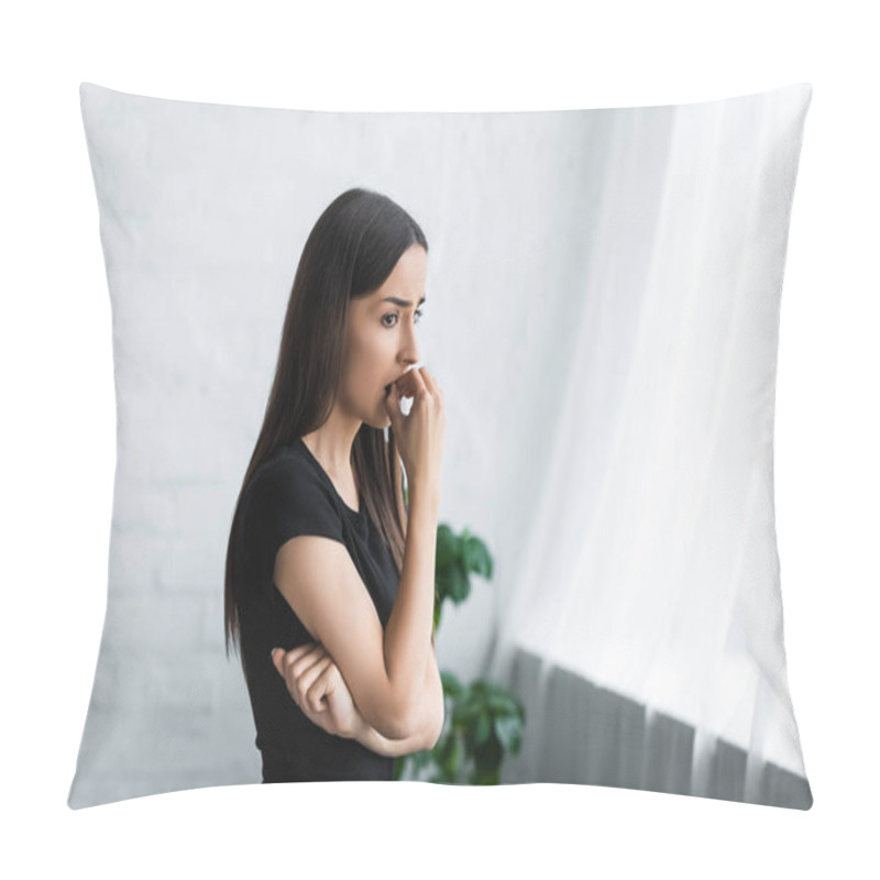 Personality  Upset Young Woman Looking Away While Suffering From Depression At Home Pillow Covers