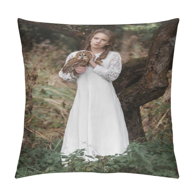 Personality  Beautiful Romantic Woman With An Owl. The Bird Sits On Her Hand. Pillow Covers