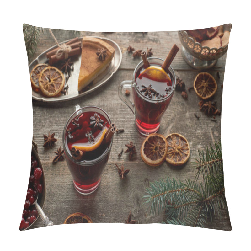 Personality  Red Spiced Mulled Wine Near Fir Branch, Pie, Berries And Spices On Wooden Rustic Table Pillow Covers