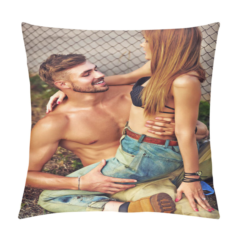 Personality  Sexy Stylish Blond Young Woman Model With Bright Makeup With Perfect Sunbathed Skin And Handsome Muscled Man In Jeans Outdoors Pillow Covers