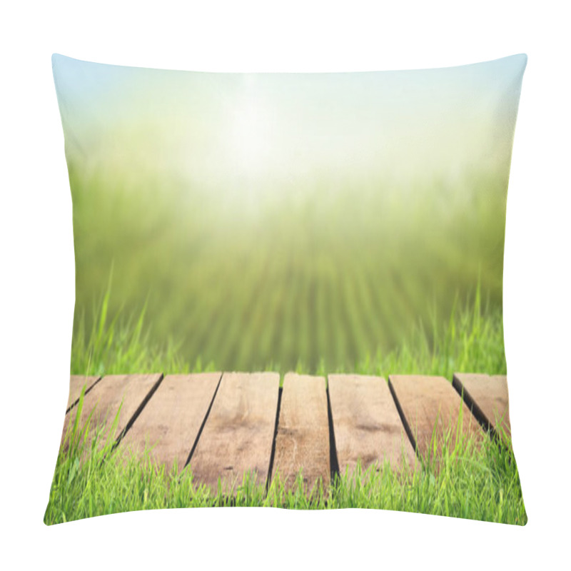 Personality  A Wooden Table With A Sunny Summers Farmland Background Pillow Covers