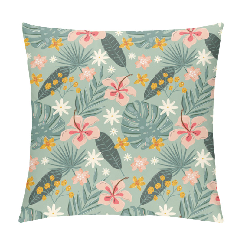 Personality  Tropical Botanical Flower Seamless Pattern Background. Hand Drawn Style Summer Floral Motifs Like Monstera Leaf, Hibiscus And Jasmine. Pillow Covers