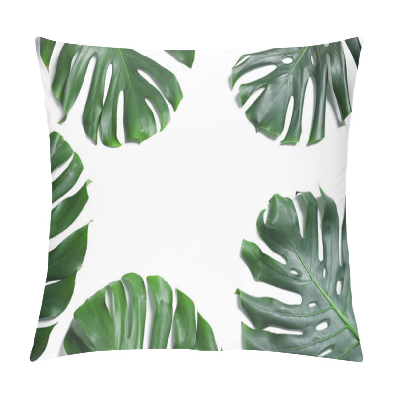 Personality  Green Fresh Monstera Leaves On White Background, Top View. Tropical Plant Pillow Covers