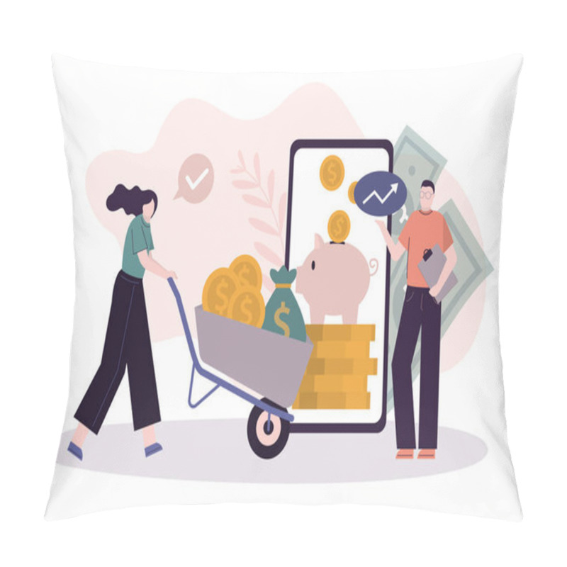 Personality  Woman rolls cart with gold coins. Business man deposits money into online bank at interest. Piggy bank on mobile phone screen. Concept of app for online banking and savings money. Vector illustration pillow covers