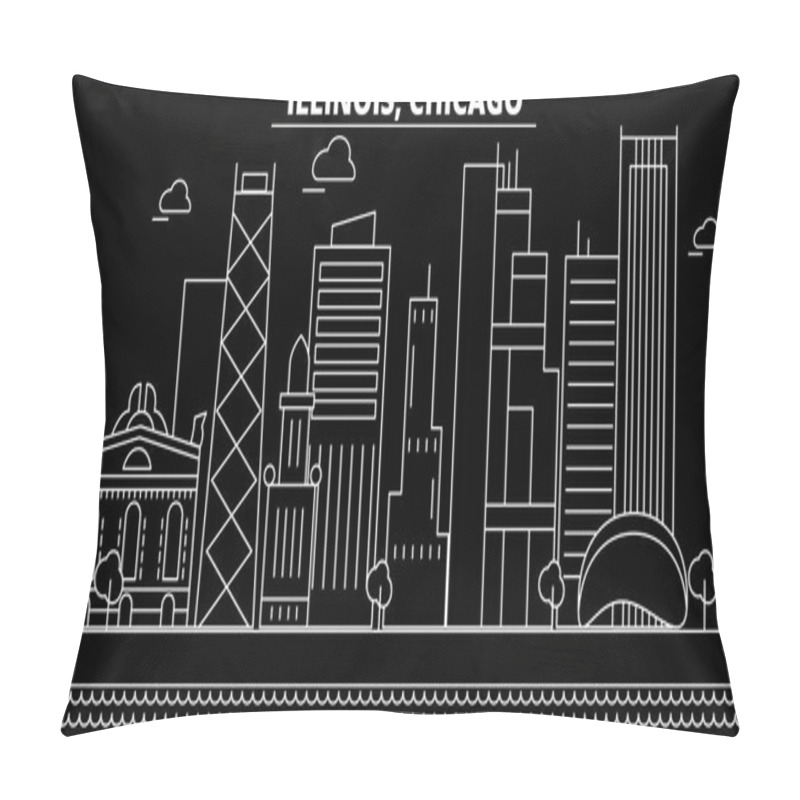 Personality  Chicago Silhouette Skyline. USA - Chicago Vector City, American Linear Architecture, Buildings. Chicago Travel Illustration, Outline Landmarks. USA Flat Icon, American Line Banner Pillow Covers