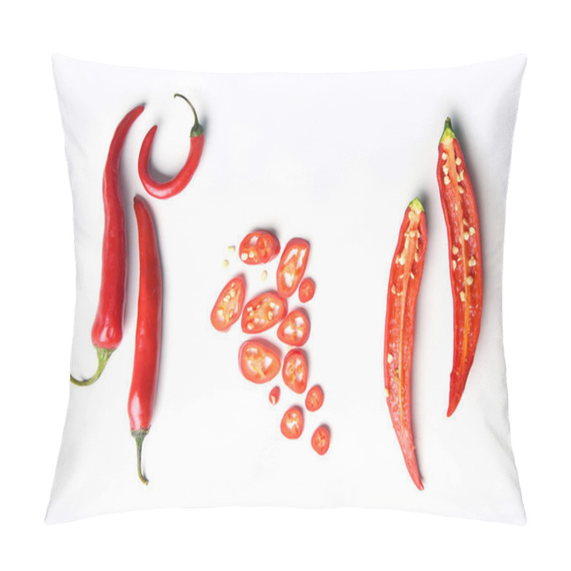 Personality  Top View Of Chopped, Sliced And Whole Red Chilli Peppers Isolated On White Background Pillow Covers