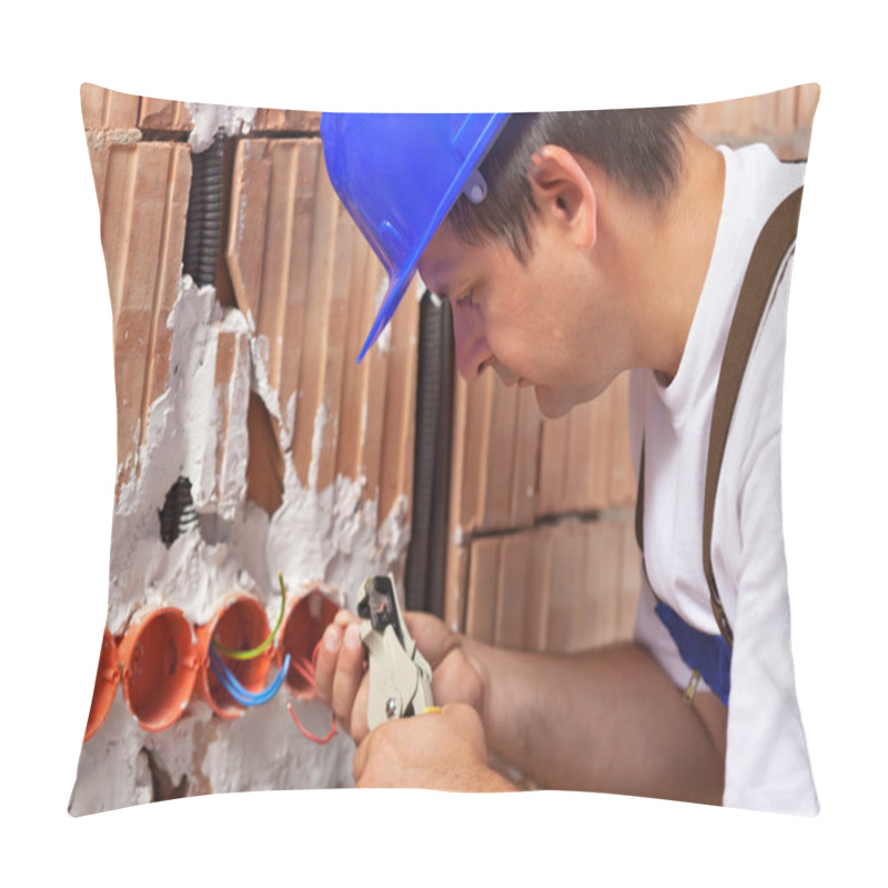 Personality  Worker Installing Electrical Wires In Building Wall Pillow Covers