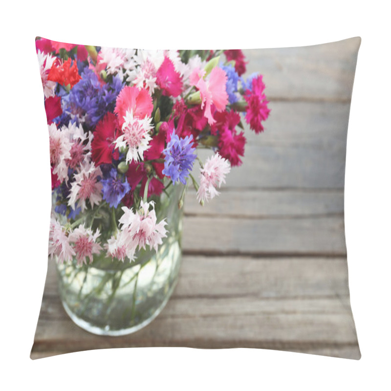 Personality  Beautiful Small Wild Flowers In Vase On Wooden Background Pillow Covers