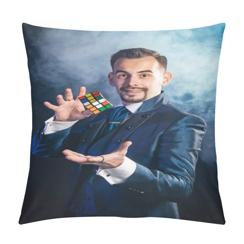 Personality  A Magician In A Blue Tailcoat Levitates With A Rubik's Cube Pillow Covers