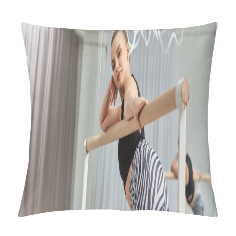 Personality  Graceful Woman Dancing Near Bar, Her Sporty Attire And Toned Physique Exuding Confidence, Banner Pillow Covers