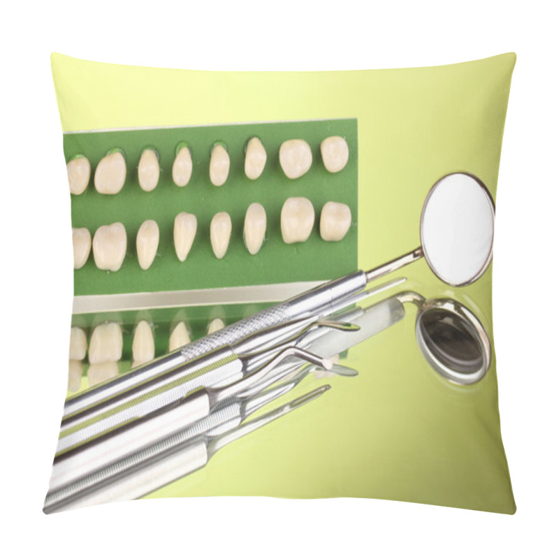 Personality  Set Of Dental Tools With Denture On Green Background Pillow Covers