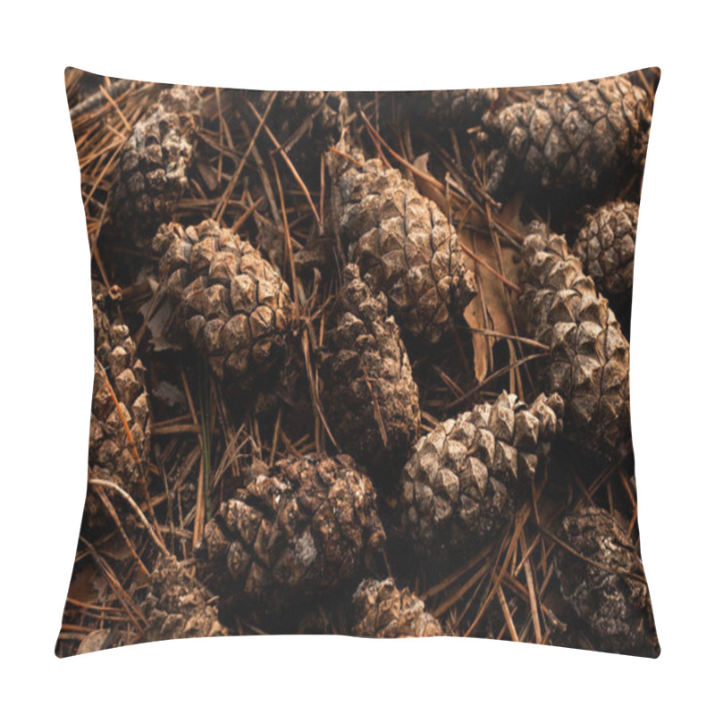 Personality  Pine Cones Scattered On A Forest Floor Covered With Fallen Pine Needles. A Natural Woodland Scene With Earthy Tones, Organic Textures, And A Tranquil Atmosphere, Capturing The Beauty Of Nature's Details. Pillow Covers