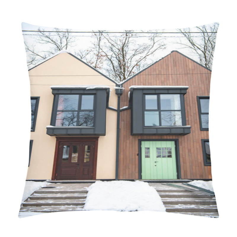 Personality  Stylish Modern Buildings With Snow On Roofs Near Trees Pillow Covers